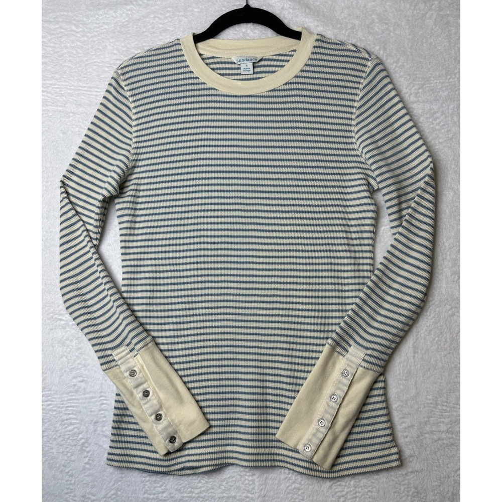 Sundance Striped Thermal Top Womens Small Blue Cream Button Cuff 0830